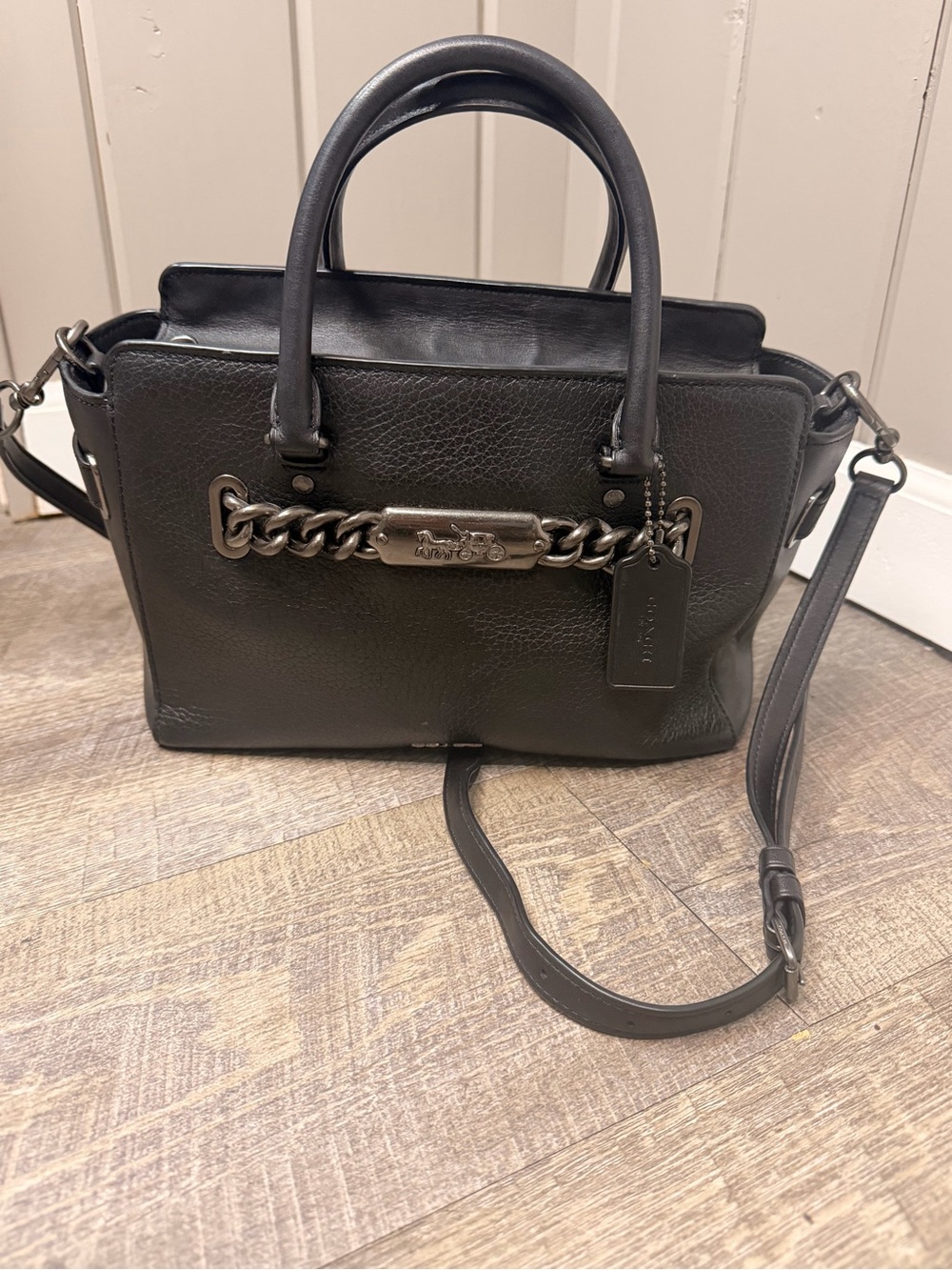 Coach Blake Black Pebble Leather Chain Accent Satchel - Picture 1 of 9